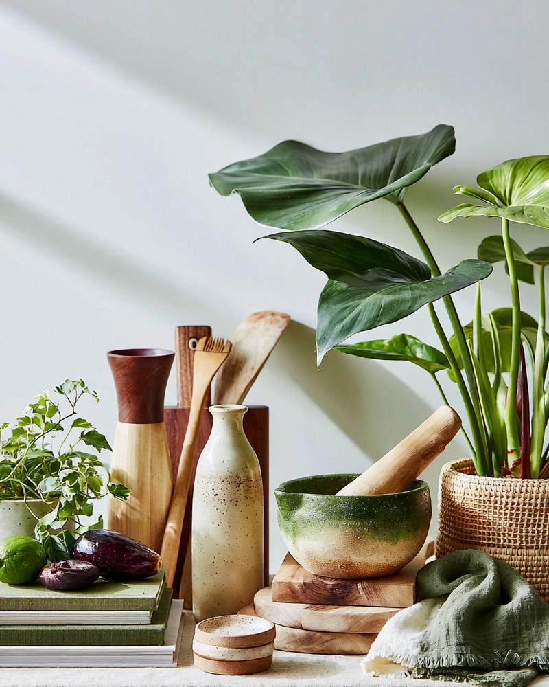 Ambiance LAM, plantes, céramiques et ustensiles en bois