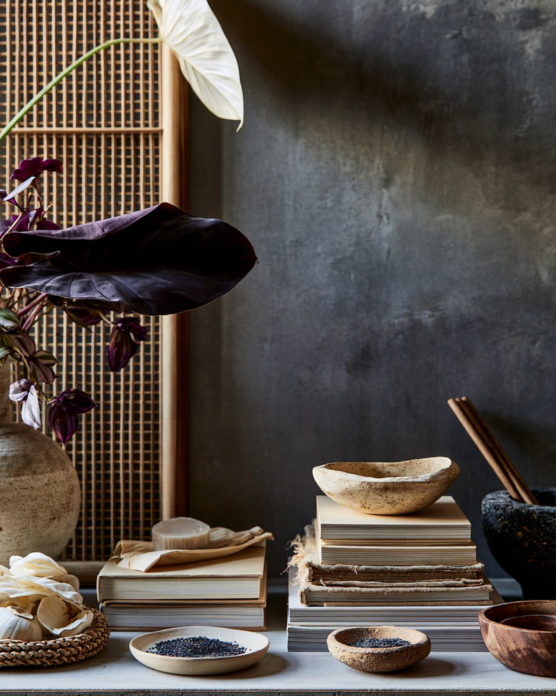 Ambiance LAM, plantes, livres et vaisselle artisanale